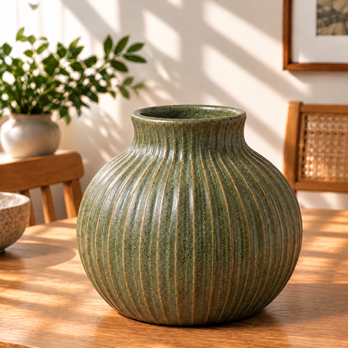 Gavqori™ Olive Green Ribbed Ceramic Vase