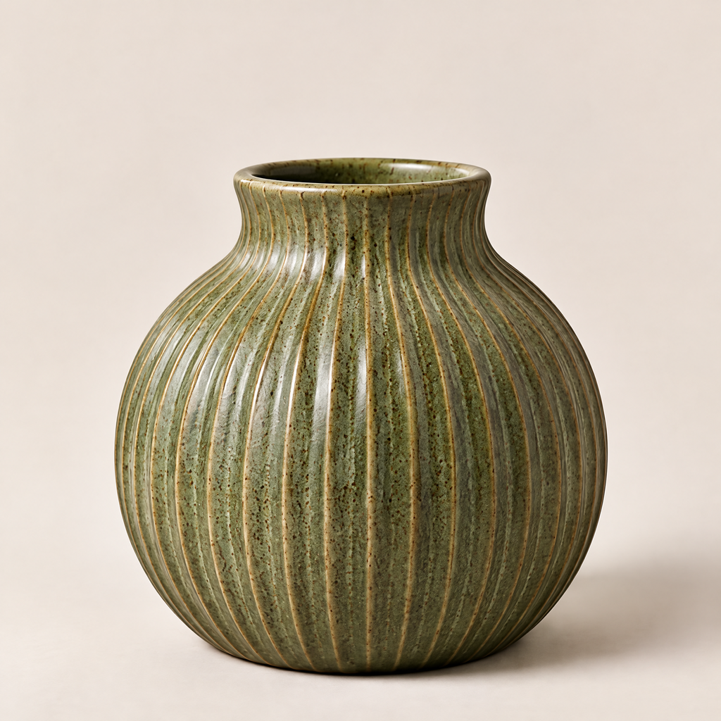 Gavqori™ Olive Green Ribbed Ceramic Vase