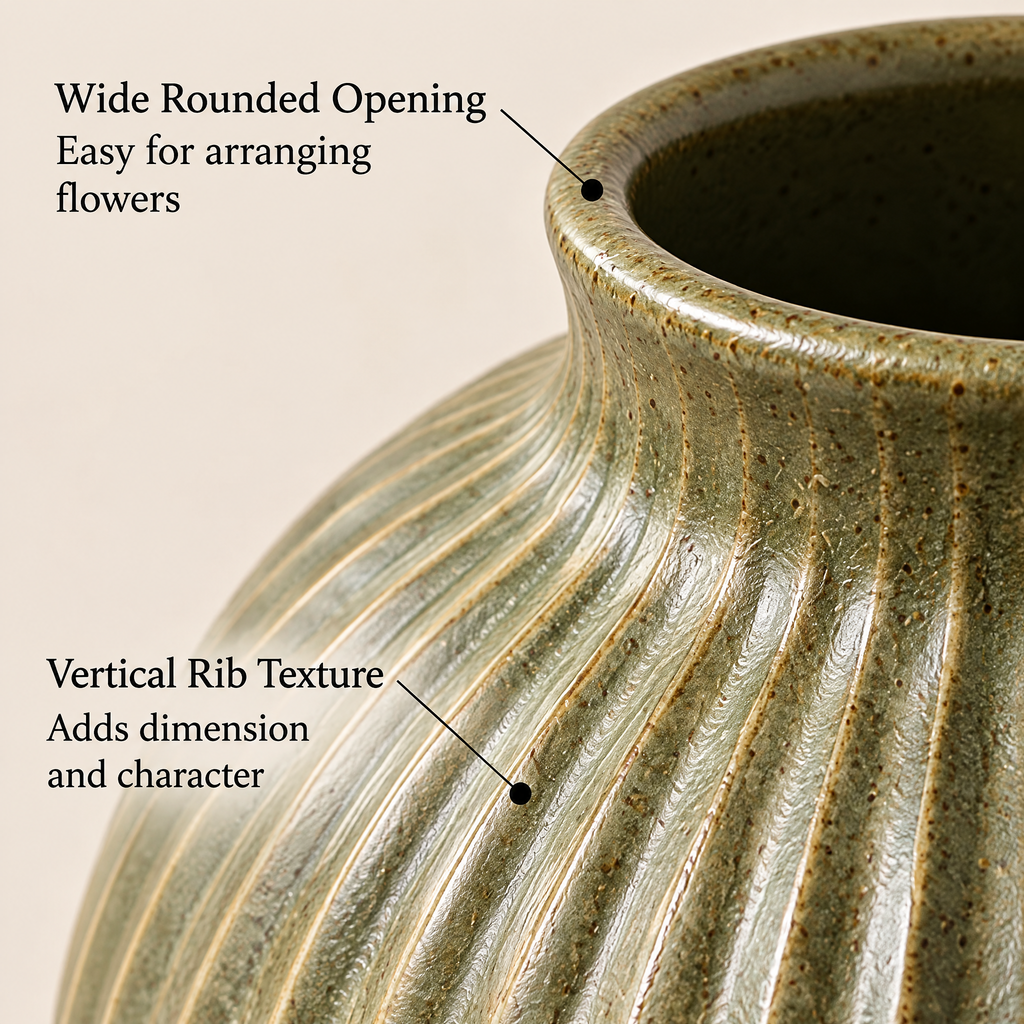 Gavqori™ Olive Green Ribbed Ceramic Vase
