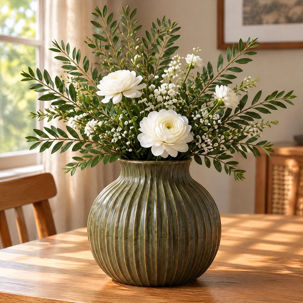 Gavqori™ Olive Green Ribbed Ceramic Vase
