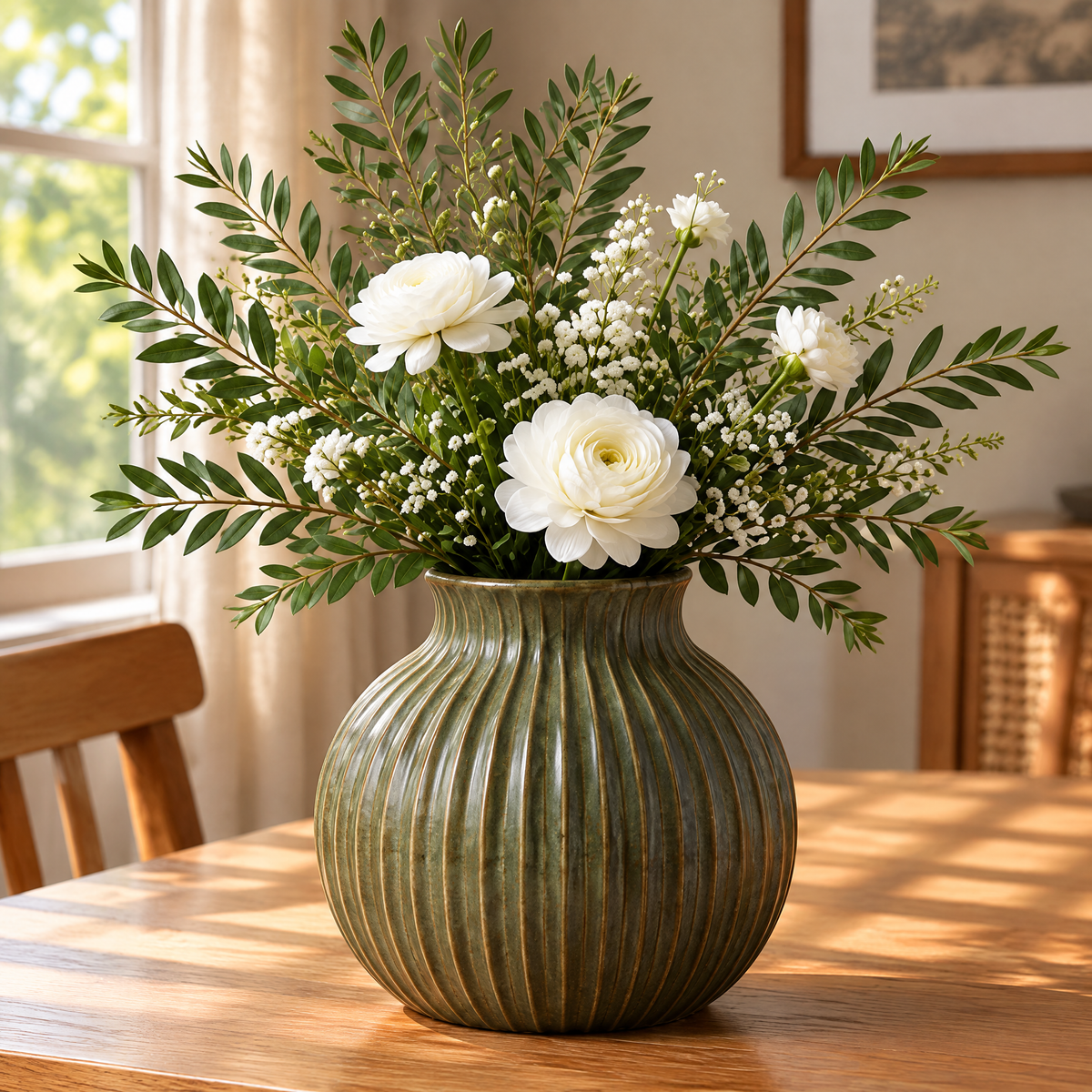 Gavqori™ Olive Green Ribbed Ceramic Vase