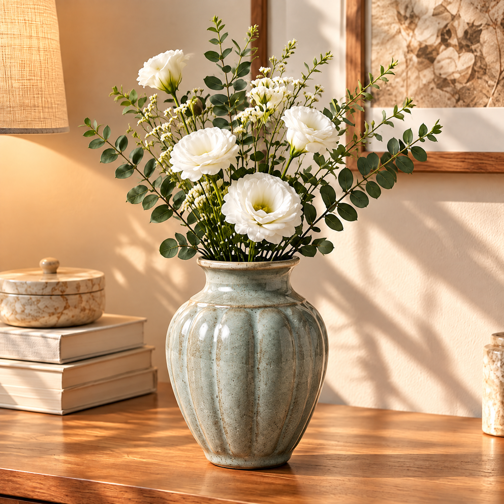 Gavqori™ Ribbed Reactive Glaze Ceramic Vase